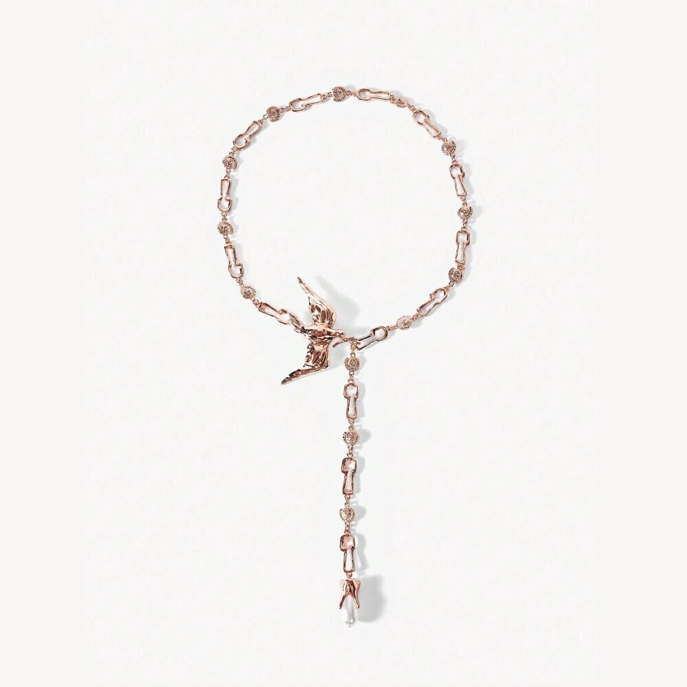 Rose Gold Bird Charm Lariat Necklace with Pearl Drop
